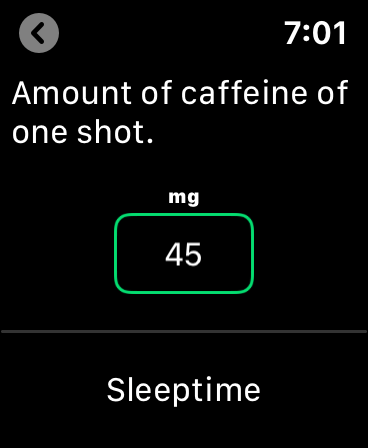 Isomnia settings screen for caffeine